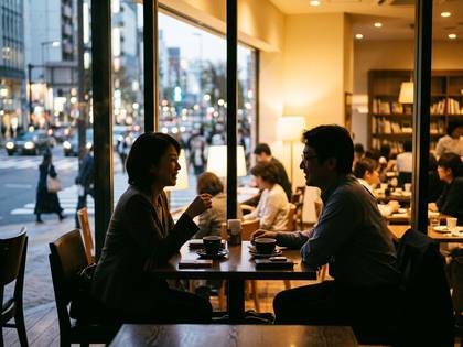 窓から街並みが見えるカフェで、向かい合って話す男女。