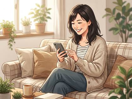 ソファで笑顔の女性がスマホを操作するイラスト。