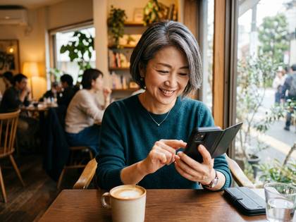 カフェで笑顔の女性がスマホを操作、コーヒーが目の前に。