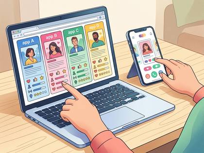 ソーシャルアプリやマッチングアプリのプロフィール画面をPCとスマホで操作するイラスト。