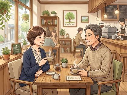 カフェで笑顔の男女がコーヒーを飲みながら会話する様子。