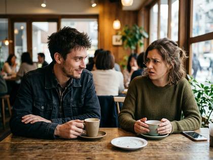 カフェで向かい合う男女。男性は笑顔、女性は困惑した表情で話している。