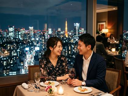 東京の夜景が見えるレストランでデートを楽しむ笑顔のカップル。