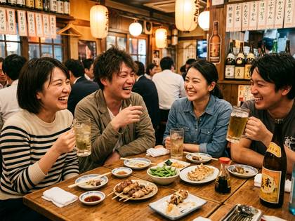 居酒屋で食事をしながら笑い合う友人たち。