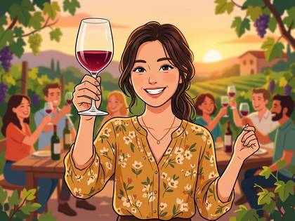 夕焼けのブドウ畑でワイングラスを掲げる笑顔の女性。仲間と乾杯。