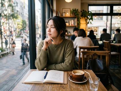 カフェの窓際でペンを持ち、外を眺めながら物思いにふける女性。
