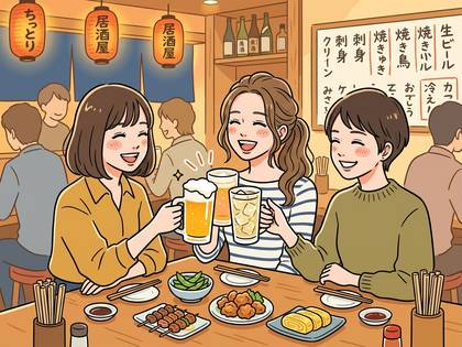 日本の居酒屋で、ビールやカクテルを片手に笑顔で乾杯する若い男女。テーブルには様々な料理が並ぶ。