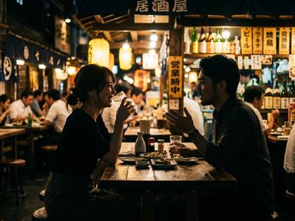 夜の居酒屋で、笑顔で飲み交わし談笑する男女。