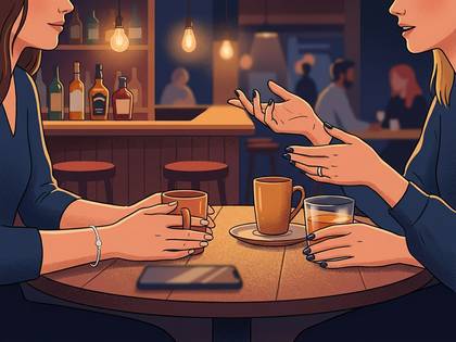 カフェで向かい合い、飲み物を片手に会話する2人の女性。