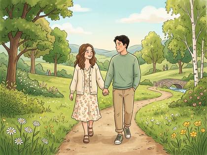 手をつないで公園の小道を散歩するカップルのイラスト。