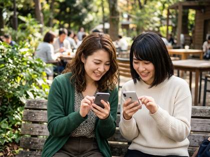 屋外のベンチで、笑顔でスマートフォンを操作する二人の女性。