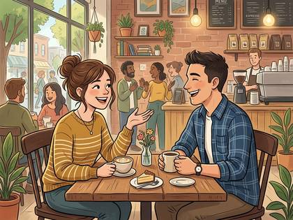 おしゃれなカフェで、若い男女が向かい合って笑顔で談笑中。