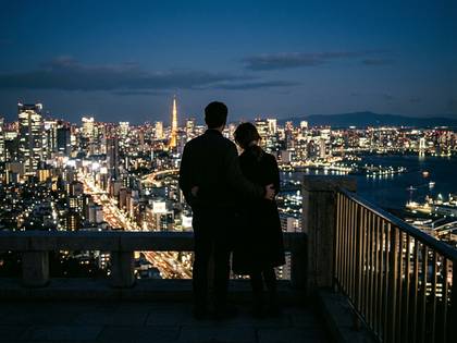 夜景を眺めるカップルの後ろ姿。都会の明かりが輝く。