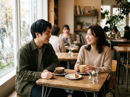 カフェで向かい合い、笑顔で会話を楽しむ男女。テーブルにはコーヒーとケーキがある。