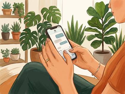 観葉植物に囲まれた部屋でスマートフォンを操作する女性。