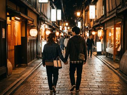 夜の日本の路地を歩くカップル。提灯の明かりが情緒ある。