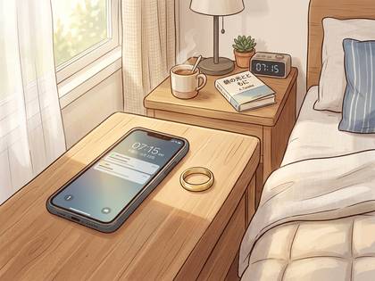 朝日差し込む寝室のテーブルにスマホと指輪、ベッドサイドには目覚まし時計と本。