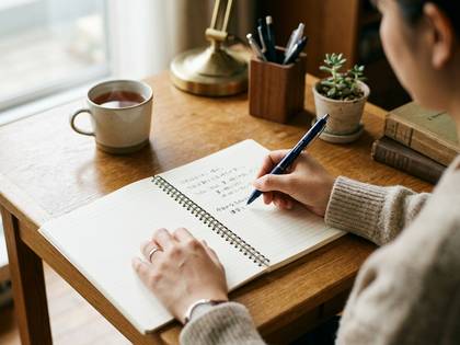 机でノートに書き物をする女性。温かい飲み物と観葉植物も見える。