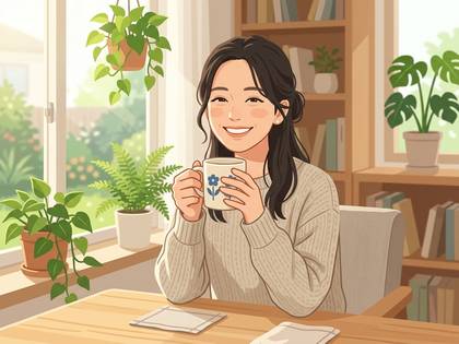 窓辺でマグカップを持ち笑顔の女性と観葉植物。