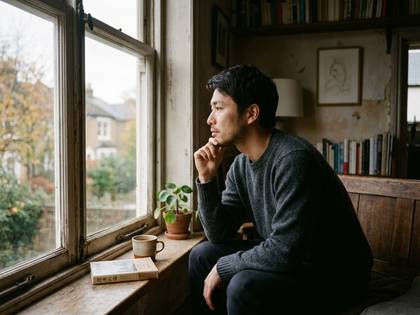 窓辺に座り、顎に手を当てて考え込む男性。