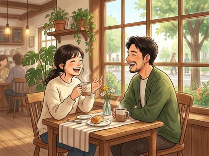 カフェで笑顔でコーヒーを飲みながら会話する男女。