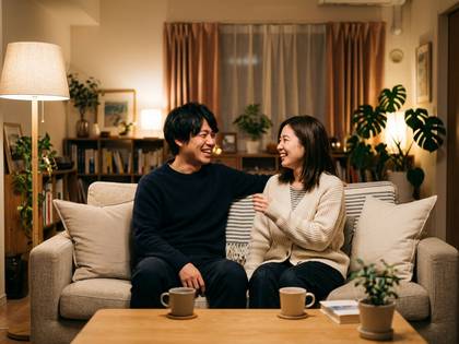 ソファでくつろぎ笑顔で語り合うカップル。