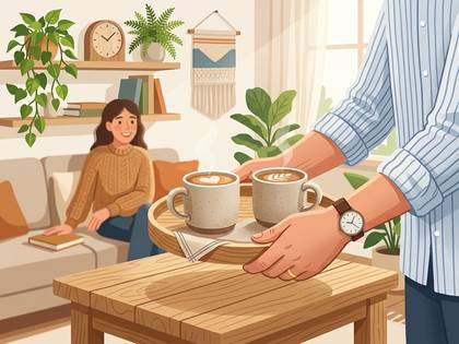 温かい部屋でソファに座る女性に男性がコーヒーを差し出すイラスト。
