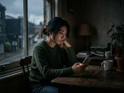窓辺でスマートフォンを見つめ、物思いにふける若い女性。