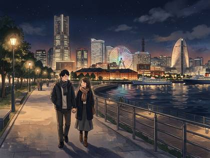 横浜みなとみらいの夜景の中、手をつなぎ歩くカップル。