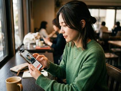 カフェで緑のセーターの女性がスマホを操作。画面に人物。