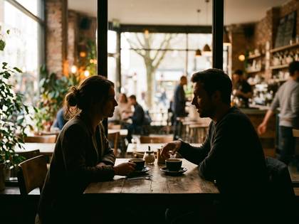 カフェで向かい合う男女がコーヒーを飲みながら語らう。