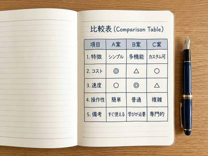 比較表が書かれたノートと万年筆。