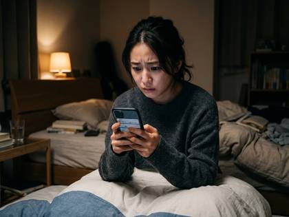 ベッドでスマートフォンを見つめ、困惑した表情の女性。