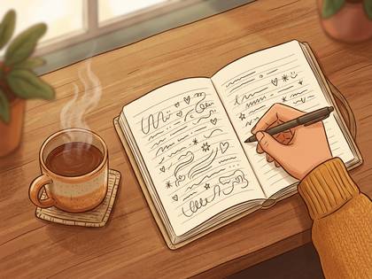 ノートに書き物をする手と、湯気の立つコーヒーカップのイラスト。