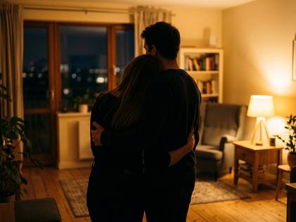 温かい光の部屋で寄り添う男女の後ろ姿。窓の外は夜景。