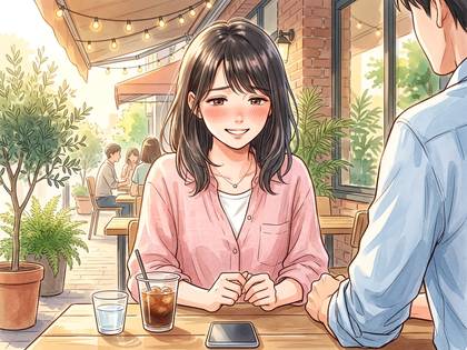 屋外カフェで男性と向かい合って座り、頬を赤らめて微笑む女性。