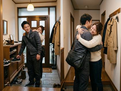 玄関で笑顔で抱き合う若いカップル。男性は出かける準備をしている。