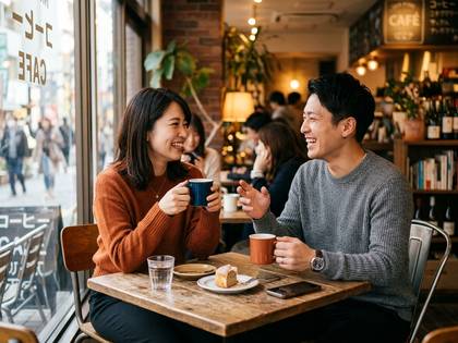 カフェで向かい合い、笑顔で会話を楽しむ男女。