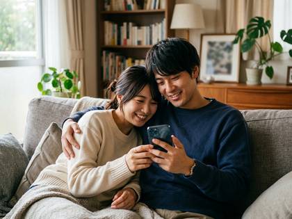 リビングのソファでスマホを見て笑い合う若いカップル。