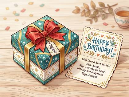 誕生日プレゼントと「HAPPY BIRTHDAY」カード。