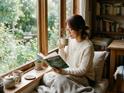 緑豊かな窓辺で、温かい飲み物を片手に読書を楽しむ女性。