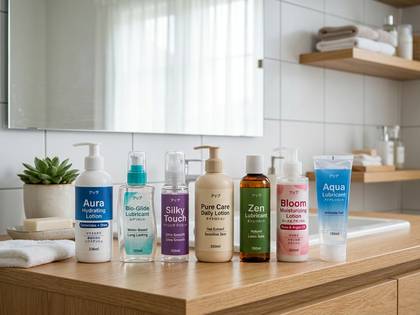 バスルームのカウンターに並んだ、各種ローションと潤滑剤のボトル。
