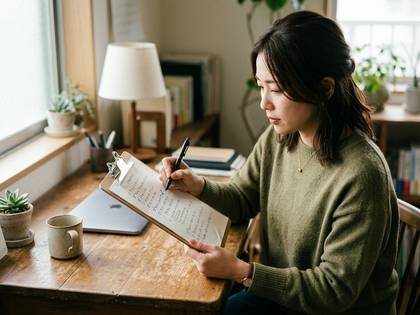 自宅のデスクでクリップボードに書き込む女性。