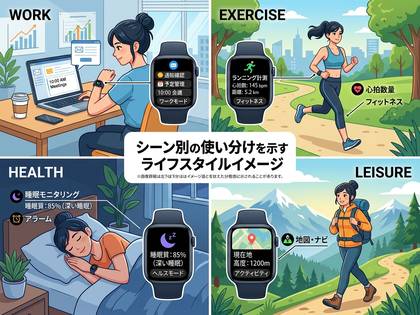 スマートウォッチを仕事、運動、健康、レジャーで活用する女性。
