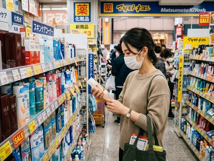 日本のドラッグストアで、マスクをした女性がスキンケア商品を選んでいる。
