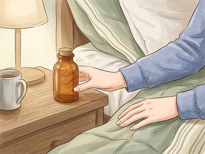 ベッドで、サイドテーブルの瓶に手を伸ばす人。