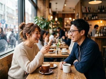 カフェで向かい合って笑顔で談笑する男女。