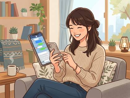ソファに座った笑顔の女性が、2台のスマートフォンでチャットをしている様子。