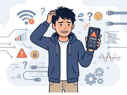 ITトラブルに直面し、エラー表示のスマホを持つ男性のイラスト。
