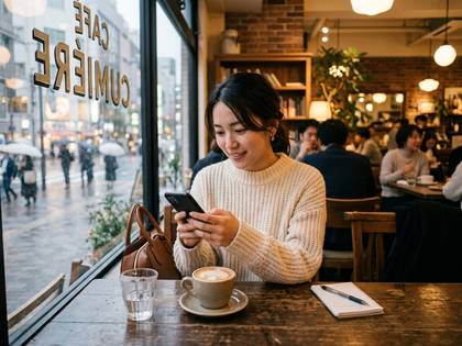 カフェの窓際で、笑顔でスマホを操作する女性。コーヒーと雨の街並み。